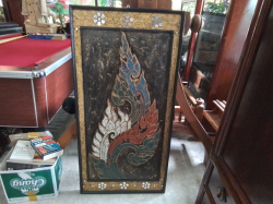 Traditional Thai wall art features intricate gold leaf and lacquer work with a colorful. 61x122 Cm.