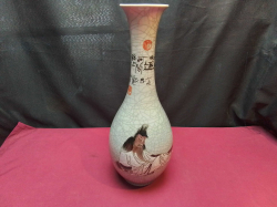 A Handmade Chinese Porcelain Vase featuring a Ru king Style Crackle Glaze with red Stamped. W.16 H.41 Cm.