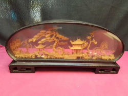 A Vintage Chinese Cork Diorama : Hand Carved Chinoiserie Landscape. D.5.5 L.36 H.16 Cm.