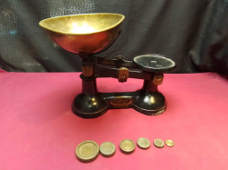 A Nice Victorian Salter Brass Shop Scale with weights.
