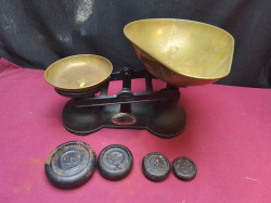 A Nice Victorian Salter Brass Shop Scale with weights.