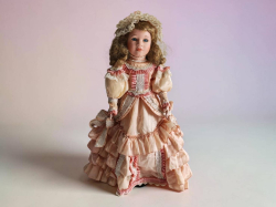 A large Vintage Porcelain Doll Victorian Dress Pink Lace 24” Display Collectible