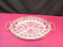 A vintage Cut glass oval 4 sections server dish tray on silver plated stand. L.35 W.19 Cm. 