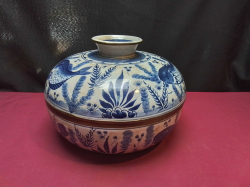 Chinese Porcelain Chupu Lidded Bowl Hand painted Blue and White Fish. W.27 H.19 Cm.