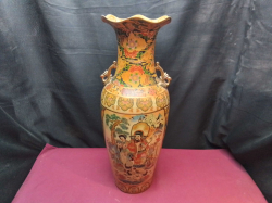 A Tall Chinese Porcelain Vase features a distinctive ruffled edge on the rim and gilt animal-form handles. 24