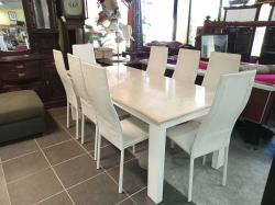 A Marble Top Dining table  W.98 L.208 H.77 Cm. with 8 white Chairs.