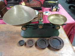 A Large Victorian Salter Brass Shop Scale with weights.