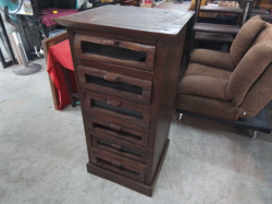 A tall teak wood chest of 6 drawers features glass-front panels(1 Glass broken) D.55 W.59 H.116 Cm.