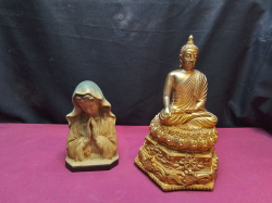 A Santa Maria praying figure (Spanish,Itallian Portugese) or Mary mother of Jesus praying  rare item .H.19 W.11 Cm. and A large golden statue of Buddha. W.20 H.19 Cm. 
