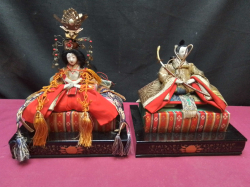 A Rare Antique and Collectible, Original Gofun Meiji Period Emperor and Empress Japanese Hinamatsuri Dolls on Plinths, with removable heads and Life like Samaria Sword. Base 17x12 Cm.