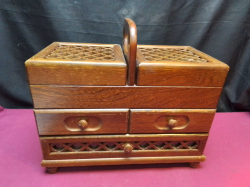 G-Wood Vintage Dual Flip-Top Glass Lids Solid Wooden Sewing Box, with 3 Drawers Mid-Century Craftsmanship. W.16 L.34 H.31 Cm.