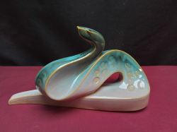 Vintage Japanese Celadon Ceramic Snake Figurine, seafoam Green and White Ombre Glaze. L.26 H.14 Cm.