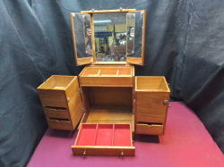 Vintage Japanese Large Makeup Vanity Wooden Case, Mirrored Interior, with Drawers VGC. W.30 D.31 H.36 Cm.