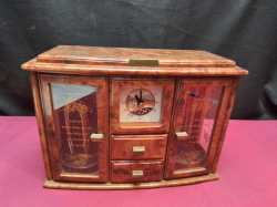 Vintage Japanese Jewelry Cabinet with Drawers and Carousel Hangers and working Clock, with contents. W.27 D.12 H.19 Cm.