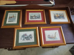 5 Thai Traditional Style Pictures with Gold Gilt Framed. 28x33 Cm.