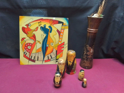 3 Interesting Items.( Russian Egg, Wooden Vase and Abstract Picture)