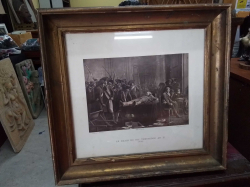 An Antique Engraved Print featuring a historical Scene with wood and gold leaf frame. W.42 H.40 Cm.