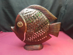 A Lovely heavy wooden Fish with glass decorated. W.9 L.39 H.38 Cm.