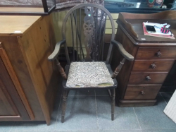 A Moop Back Ercol Style Grand Father Chair with Upholstered Seat.