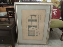 A vintage-style architectural drawing featuring a detailed gate and building façade. 70x90 Cm.