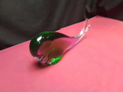 A very heavy mint condition Murano glass whale hand blown sommerse technique green & purple 11 inches long.