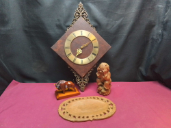 A Vintage Style Clock 32x48 Cm.and 3 pieces of Wooden items.