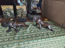 A pair of large bronze plated cast iron tigers. W.14 L.50 H.22 Cm.