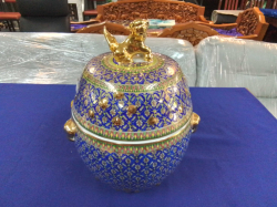 A Large Benjarong Lidded Pot with Foe Dogs Handle. W.20 H.30 Cm.