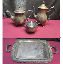 A Silver Plated Tea Coffee Set.
Large L.24 H.28 Cm. 1 lid A/F and A Vintage WM Rogers &Son Silver Plated serving Tray featuring an ornate, Etched design and two handles. W.34 L.62 H.5 Cm.