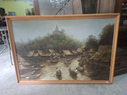 A wooden framed Oil painting on canvas featuring a village scene 