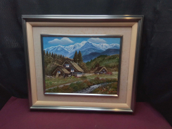 A very heavy 60x54 Cm. glass & metal framed oil on canvas painting with vibrant colors of a mountain landscape hilltop village in Azumino signed in red , Vincent Van Gogh.