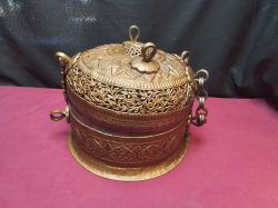 A very old antique copper & brass Indian Mughal ERA PAAN DAN storage conditon pierced open work 9