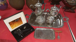 A Large job lot mixed items included Oneida silver plated serving tray with accompanying teapots of various, including a brand new cork pull sizes