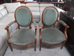 2 French style fauteils in light green upholstery