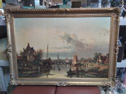 A beautiful large riverine landscape featuring fisherman and a boat yard near a town 1860 in original Gilt Frame signed 