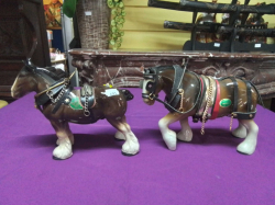 2 Large ceramic figures of cart horses with saodlery. L.22 H.18 Cm.
