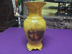 A large yellow ground vase with panels of fruits and an unusual split base by J&S pottery stoke on trent. W.12 H.28 Cm.