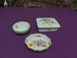 3 Pieces of Royal Crown  Derby 2 small Dishes and a Trinket box all hand painted in Posier Pattern.