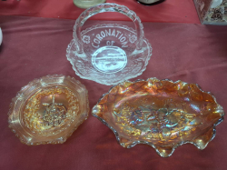 A 1937 Handled glass dish of coronation of George VI and 2 yellow carnial dishes
