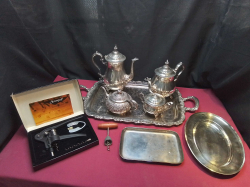 A Large job lot mixed items included Oneida silver plated serving tray with accompanying teapots of various, including a brand new cork pull sizes
