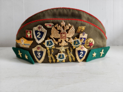 A Vintage Russian USSR Military Pilotka Cap With many Pins & Patches 1970’s 