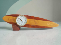 A vtg. Hawaiian rosewood Surfboard desk clock Ying Yang laser etched 18
