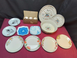 7 Collection Plates and 3 ceramic cups showing Black horses. H.8 Cm. and 4 Chip and dale plates. W.19 Cm. 
