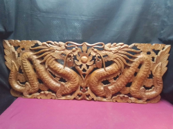 A  Handcrafted Teak Wood featuring 2 Dragons and sun. W.36 L.90 Cm.