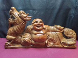 A Heavy Handcrafted Teak Wood  featuring  Happy Buddha and Dragon. L.62 D.12 H.35 Cm.