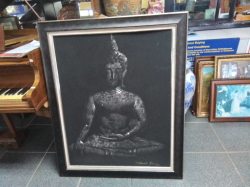 A traditional Thai Oil painting depicting a Buddha figure seated in the Maravichai pose. 96x117 Cm.