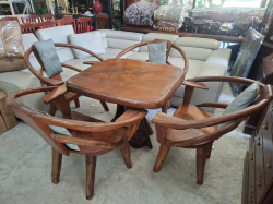 A Rustic solid wood and 4 chairs with arm rest and cushions