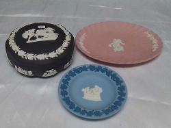 A Large black Wedgwood Trinket Box  (a minor chip), a small tri color dish and an Oval dish in the rare pink color.