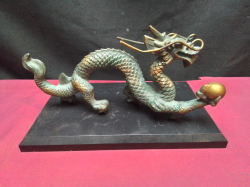 Heavy Bronze Dragon Hold Gold Ball, on stand 20x12 Cm.