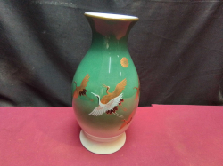 A Fine Koransha Arita Japanese Porcelain Vase, Features Cranes, with Gold Rim, Signed. W.14 H.27 Cm.